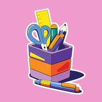 Pen stand with a line of knives and pens on a light pink background. hand drawn school subjects. illustration in the style of the 90s. isolated object vector