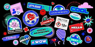 Sticker set in y2k retro style. Vectors pins with smiley faces, text, cartoon comic label patches in bright color. Resource for social media, banners, posters. illustration of 90s graphic design.