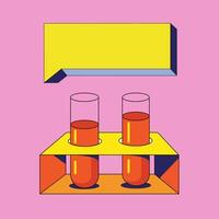 Chemical test tubes for experiments. Test tubes with orange solution. In a yellow-orange stand. On a pink background. With yellow space for signature. vector