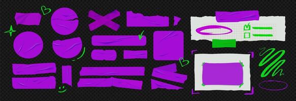 Set of purple scotch for collage. Square and round stickers with glued texture. vector