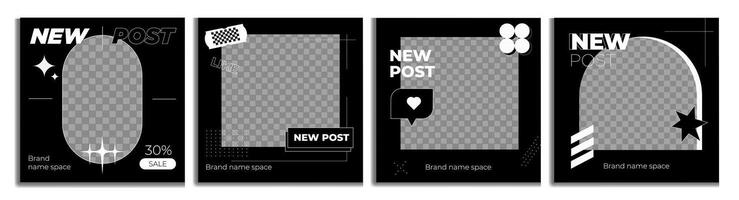 Set of Editable templates. Square posts for the social network with modern graphics. Black web banners with lines, dots, stars and likes. Trendy backgrounds for your brand or product. vector