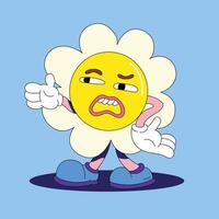 A sad daisy character, doesn't like something. The character has blue boots. There is a shadow of the character on the blue background. The character has white palms vector