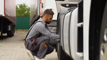 Professional hispanic mechanic using socket wrench while changing truck tire on car service video