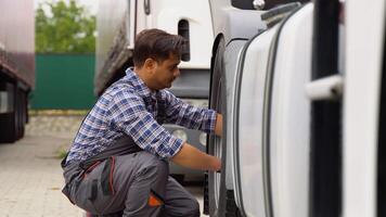 Indian mechanic using socket wrench while changing truck tire on car service video