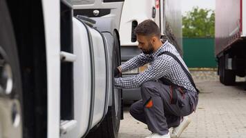 Professional turkish mechanic using socket wrench while changing truck tire on car service video