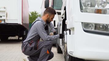 Professional mechanic using socket wrench while changing truck tire on car service video