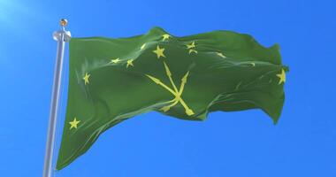 Flag of Adygea Republic waving at wind in slow in blue sky, loop video