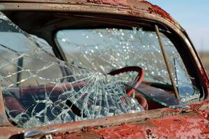 Broken windshield on old rusty abandoned car showing steering wheel photo