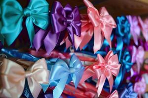 Colorful satin bows hanging in a row displayed in a craft store photo