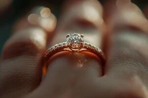 Closeup of a wedding ring on a finger, symbolizing love and unity photo