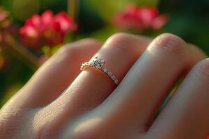 Closeup of a wedding ring on a finger, symbolizing love and unity photo