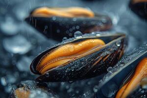 Mussels on ice with water drops. Shallow depth of field photo