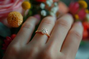Closeup of a wedding ring on a finger, symbolizing love and unity photo