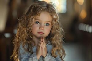 A little girl with curly hair, wearing gray and praying in the church with hands clasped together photo