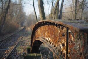 Rusty railway bridge in forest photo