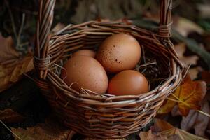 Fresh brown eggs in wicker basket amongst autumn leaves photo