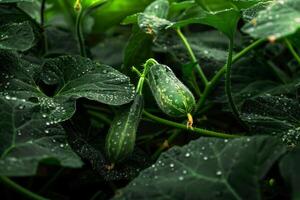 Fresh green cucumbers on vine with water droplets photo