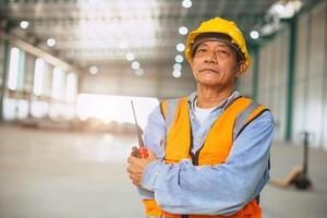Portrait smart asian engineer worker male, Adult forman factory manager standing confident successful people photo