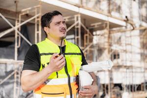 Construction Engineer Using Walkie Talkie at Building Site photo