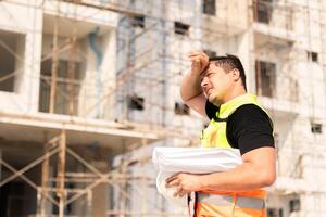 Tired Sweating Construction Worker On Building Site Under Sunlight photo