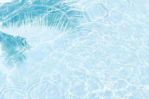 Bluewater waves on the surface ripples blurred. Defocus blurred transparent blue colored clear calm water surface texture with splash and bubbles. Water waves with shining pattern texture background. photo