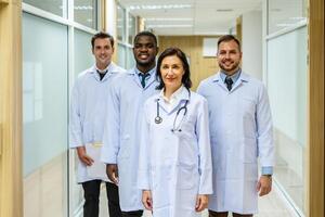 Portrait of successful team of medical doctors are looking at camera and smiling while standing in hospital photo