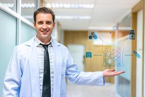 Brain issues medical concept. Doctor shows the brain of a person and connection with modern virtual screen interface icons, Medical technology and network concept. photo