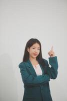 Business, finance and employment, female successful entrepreneurs concept. Friendly smiling office manager greeting new coworker. Businesswoman welcome clients with hand wave, hold laptop photo