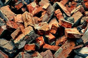 A pile of red brick fragments left after the destruction.After the disaster photo
