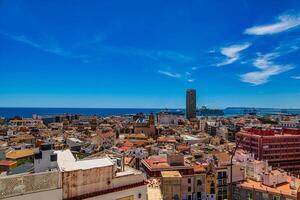 A coastal cityscape Alicante features two large cruise ships docked at a port, set against a backdrop photo