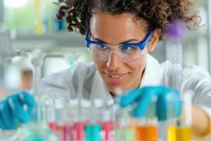 Scientist conducting research in laboratory, focusing on colorful chemical solutions. Safety goggles and gloves for protection. photo