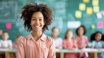 Smiling young student in a classroom setting with a chalkboard background. Diverse group of children sitting and studying in the distance. photo