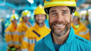 Smiling construction worker in protective gear, with a team of colleagues in the background. Ideal for teamwork and safety concepts. photo
