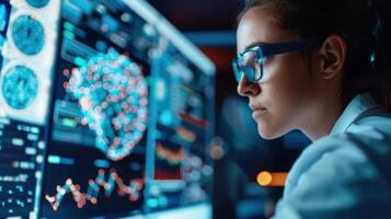 Scientist analyzing digital brain data on multiple computer screens in a high-tech laboratory. Advanced medical research and technology. photo