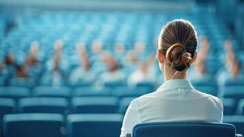 Rear view of a professional woman speaking to an audience in a lecture hall with blue seats, emphasizing communication and education. photo