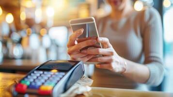 Close-up of a woman using a smartphone for contactless payment in a cozy cafe, modern transaction technology with POS terminal. photo