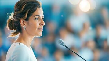 Confident female speaker delivering a speech at a business conference, inspiring audience with leadership and communication skills. photo
