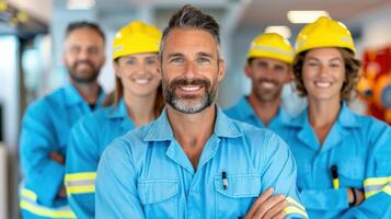 A group of confident engineers wearing safety helmets and blue uniforms smiling, demonstrating teamwork and professionalism photo