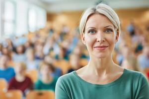 Confident middle-aged woman in green sweater standing in front of blurred audience in classroom or lecture hall, smiling confidently. photo