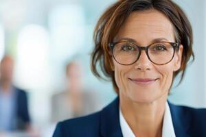 Confident businesswoman wearing glasses, smiling in a modern office setting with colleagues in the background. photo