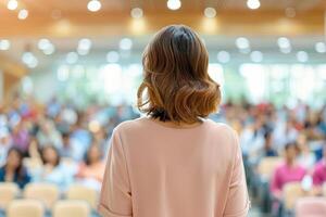 Rear view of a woman speaking to a diverse audience in a brightly lit conference hall, focusing on professional communication. photo