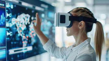 Young professional using virtual reality headset to interact with digital interface in modern office setting, exploring data visualization. photo