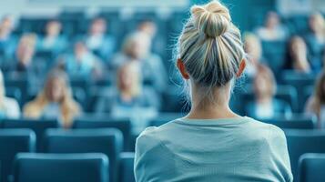 A woman with a bun sitting in a lecture hall, focused on a presentation or talk with other attendees in the background. photo