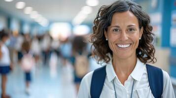 Smiling teacher in school corridor with students in background, representing education and positivity. photo