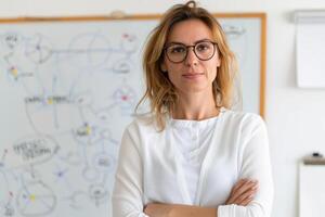Confident businesswoman wearing glasses standing with arms crossed in front of whiteboard with diagrams in office setting. photo