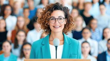 Confident businesswoman in glasses and blazer speaking at a conference with a diverse audience in the background. photo