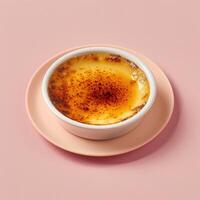 Close-up of a delicious creme brulee dessert with a crispy caramelized sugar topping. Creamy and sweet treat perfect for a romantic dinner or special occasion. photo