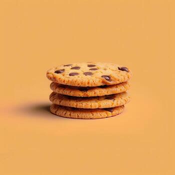 de cerca de un apilar de cuatro chocolate chip galletas en un naranja antecedentes. delicioso y tentador, Perfecto para horneando, bocadillos, o postre. foto