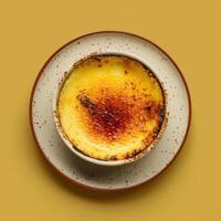 Closeup of a delicious Creme Brulee dessert with a crispy caramelized sugar topping. French dessert on white plate against yellow background. photo