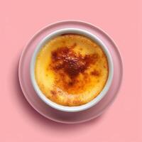 Closeup of a delicious creme brulee dessert with a crispy caramelized sugar topping, served on a pink saucer. Sweet treat, French cuisine, bakery, dessert, food photography. photo